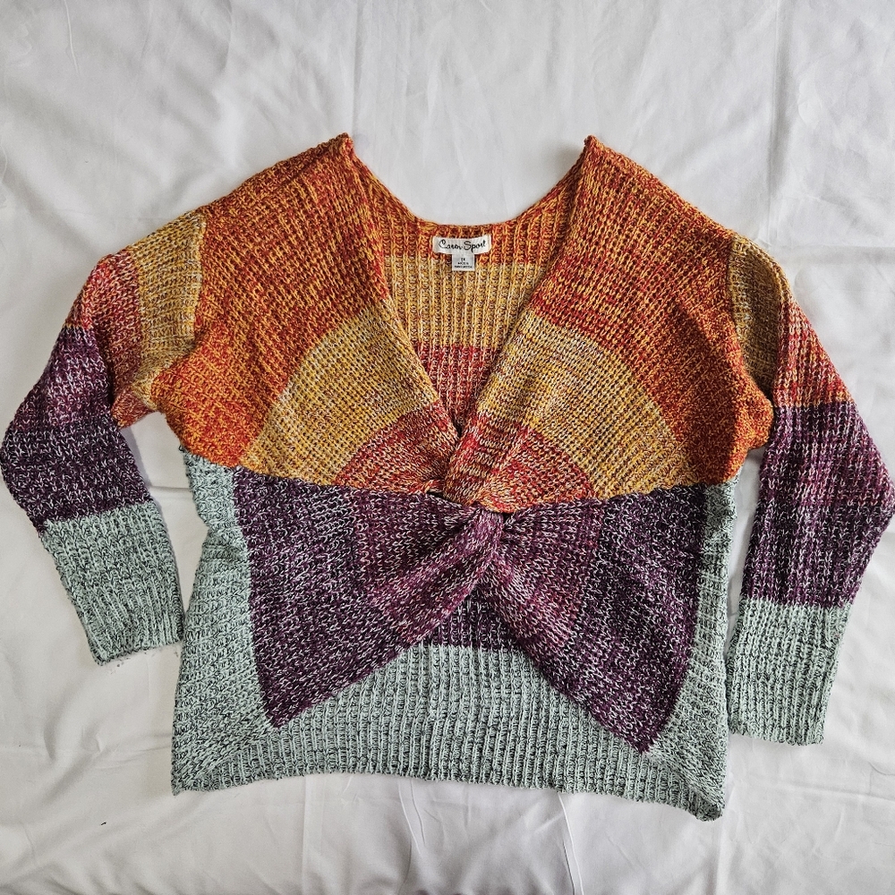 Caren Sport Womens 1X Striped Twist Front Multicolor Sweater V Neck Long Sleeve